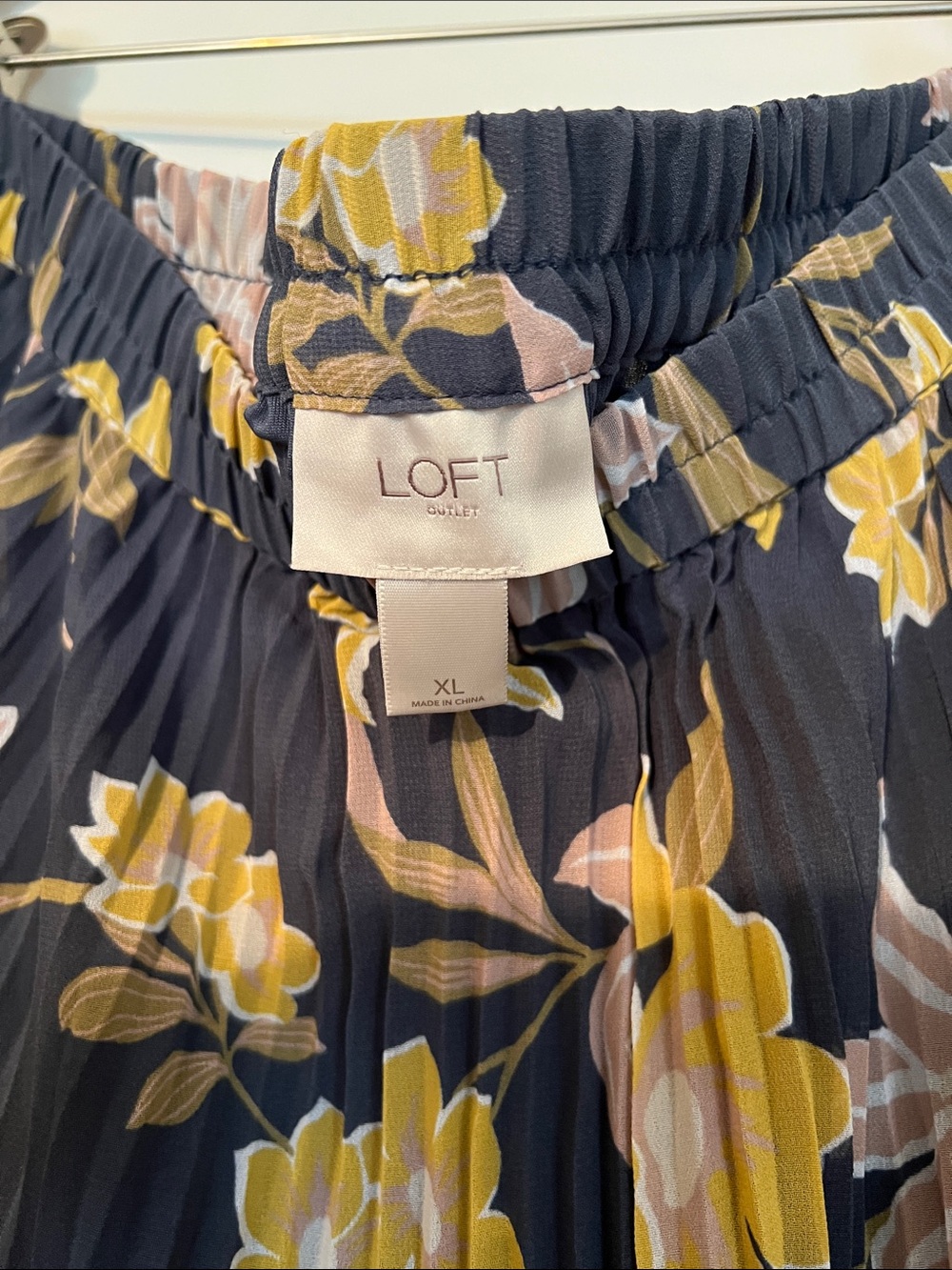 LOFT Navy Pleated Midi Skirt with Yellow & Pink Floral Print - Picture 2 of 4